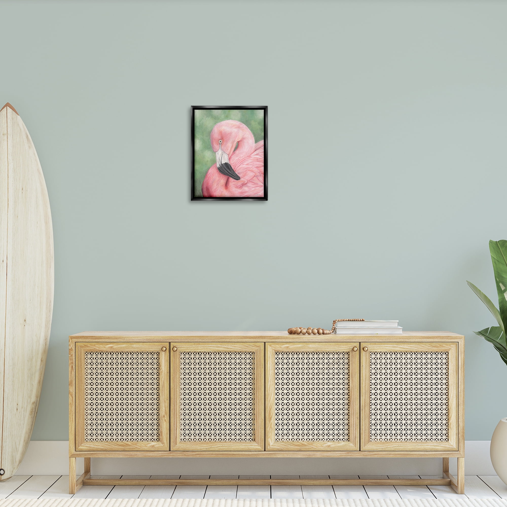 Stupell Industries Blushing Flamingo Visage Animals & Insects Painting Black Floater Framed Canvas Art Print Wall Art, 17 x 21