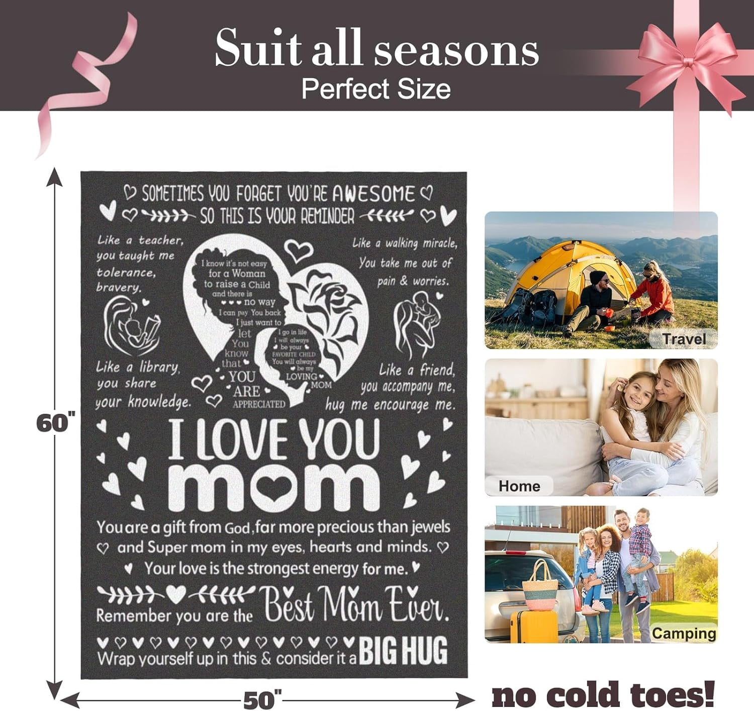 I Love You Mom Blanket for Mom, Valentines Gifts for Mom from Daughter Son, Birthday Gifts for Women Who Has Everything, Blanket Gift for Her, I Love You Mom Throw Blanket