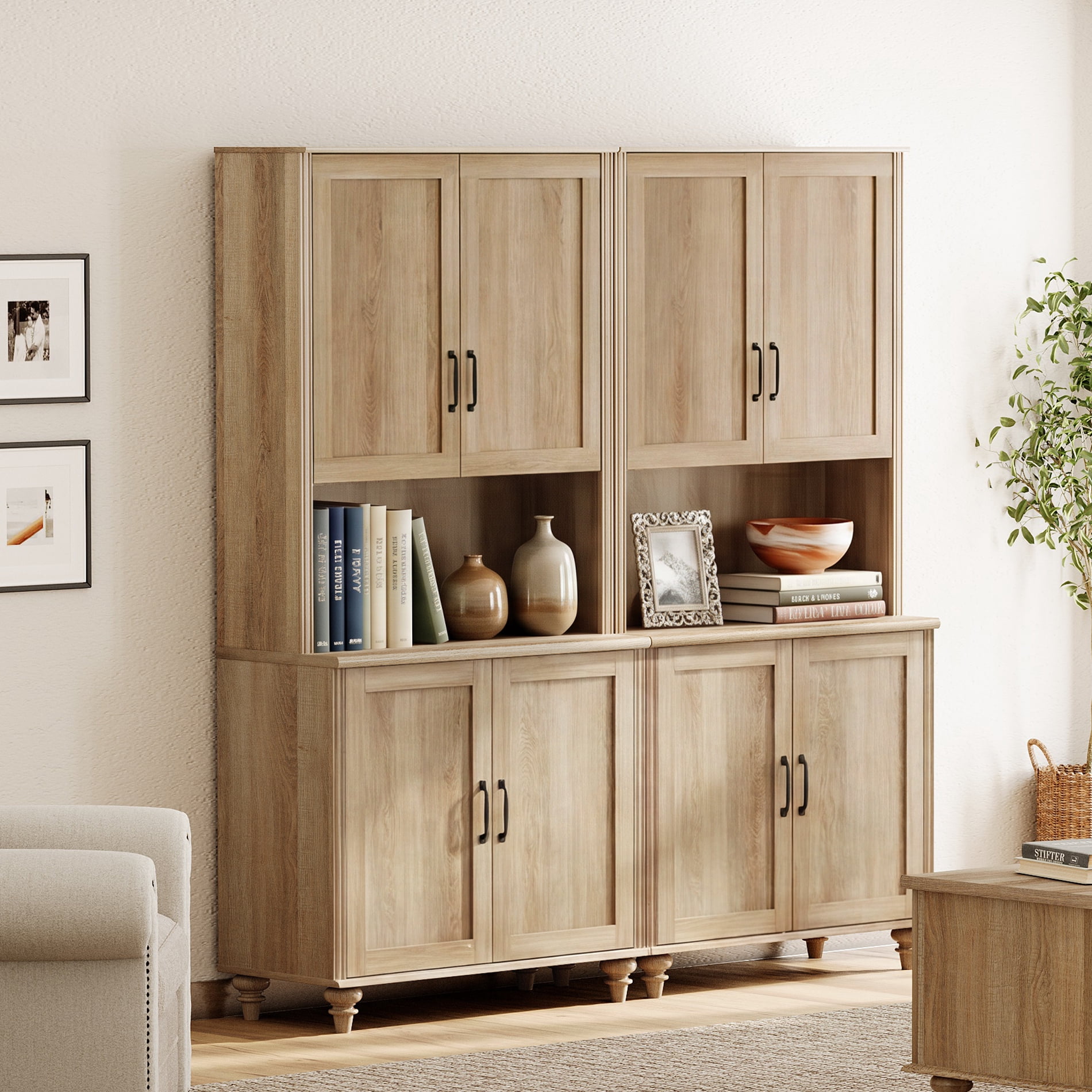 72"H Tall 5-Tier Bookcase with Wood Doors, Bookshelf with Adjustable Shelf, Farmhouse Library Wooden Bookshelves for Living Room, Office, Kitchen, Oak