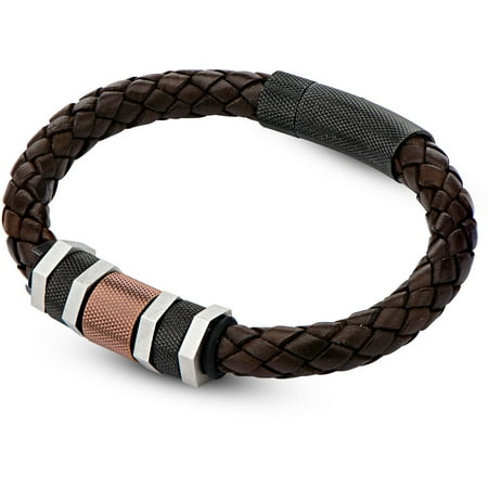 Steel Art Men's Stainless Steel Polish Finished Ip Black And Brown Bead Braided Brown Leather Bracelet, 8-3/4