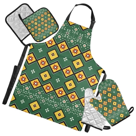 Yellow Square with Flowers Apron Set with Oven Mitts Pot Holders Set of 5 Kitchen Stuff Accessories