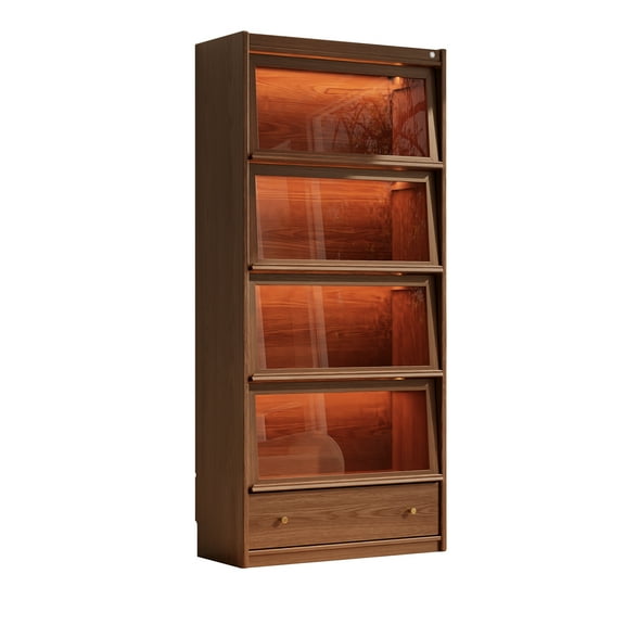 Muwuele Solid Wood 5-Tier Bookcase with 3 Color LED, 74 Inch Tall Bookshelf with Clear Glass Doors and Storage Display Case Cabinet for Living Room, Walnut