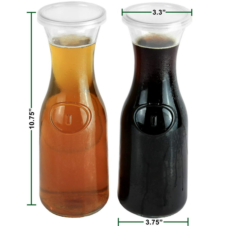 Estilo Glass Beverage Pitcher Carafe with Plastic Lids, Narrow Neck Design, 1 Liter (33oz) Set of 2