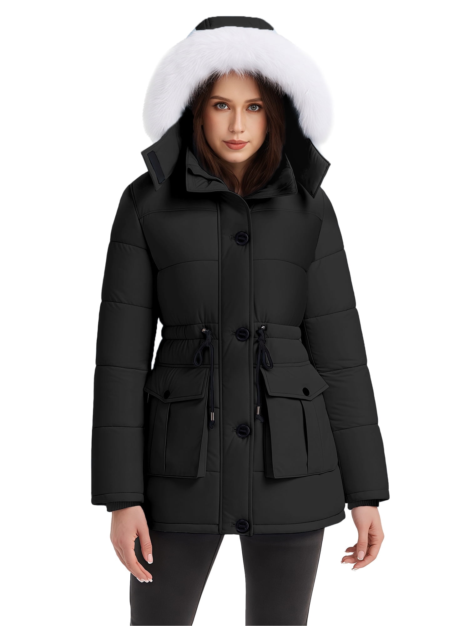 Women's Winter Puffer Coat with Removable Hood Waterproof Warm Jacket Thickened Insulated Parka Black L