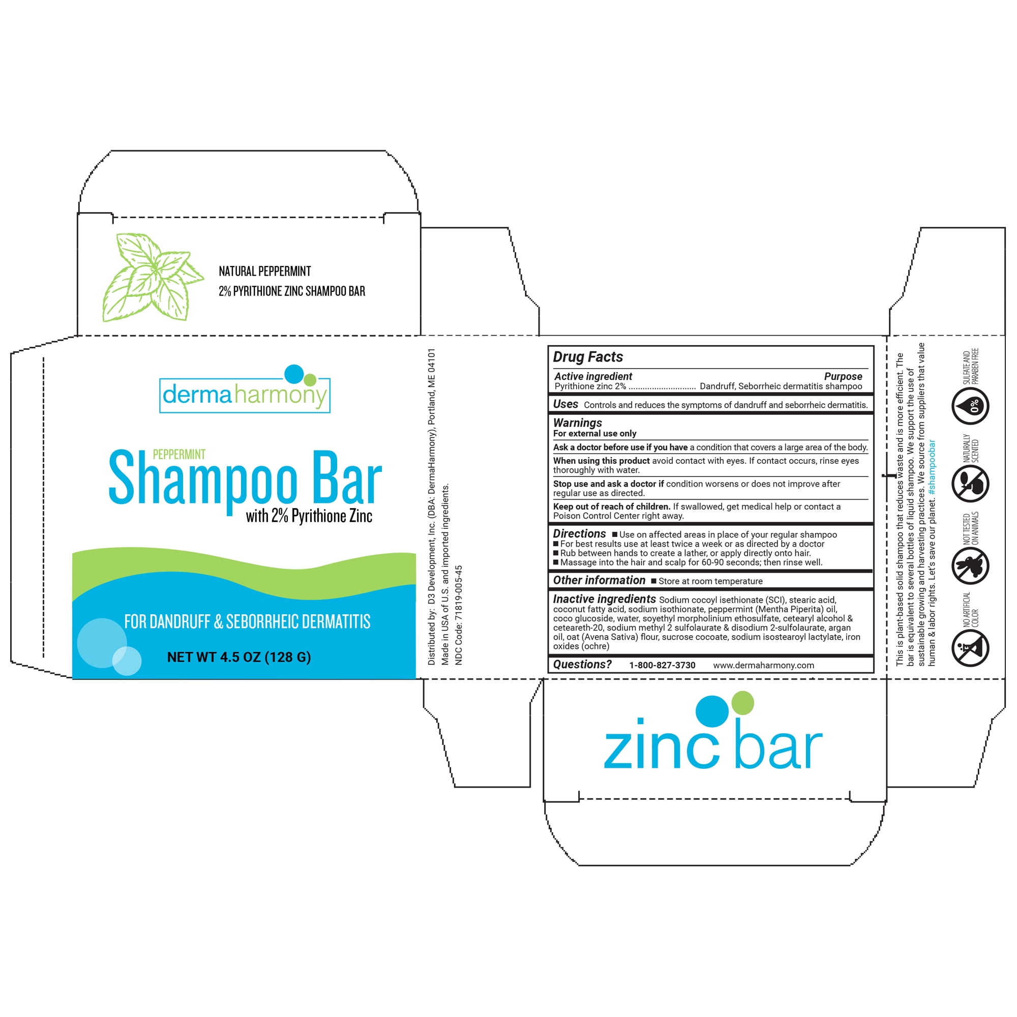 DermaHarmony  2% Pyrithione Zinc Dandruff & Seborrheic Dermatitis Shampoo Bar - Peppermint  (2 Bars)