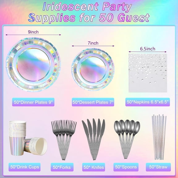 YUYAN-Iridescent Party Supplies Decorations, Holographic Paper Plates and Napkins Set, Disposable Iridescent Paper Plates Cups Knives Spoons Fork Straw for Mermaid Birthday Wedding Party, Serve 50