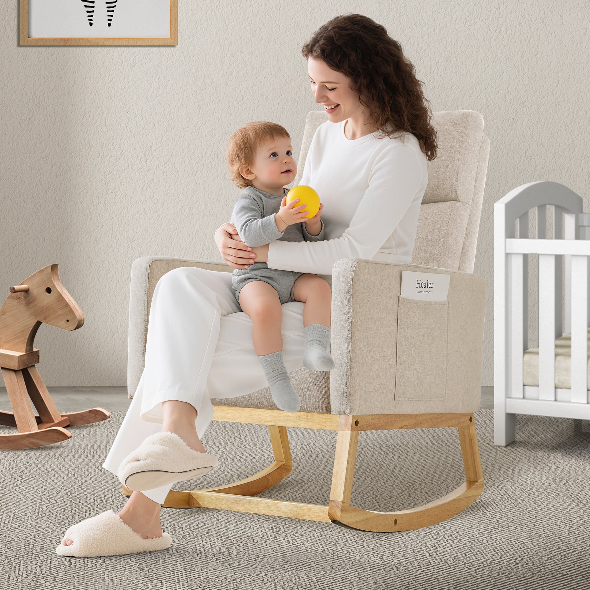 SAETSFEG Rocking Chair Nursery, Comfortable Upholstered Glider Rocker Chairs Indoor for Adults, Mid-Century Modern Nursing Accent Rockers for Living Room, Bedroom, Beige