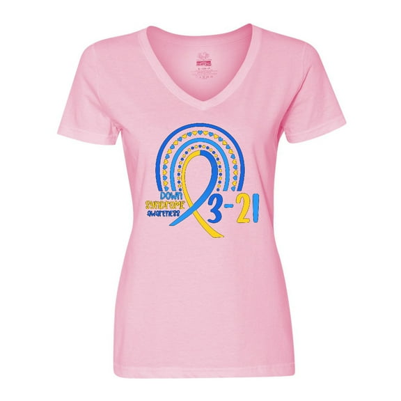 Inktastic 3-21 World Down Syndrome Day Blue and Yellow Rainbow Ribbon Women's V-Neck T-Shirt