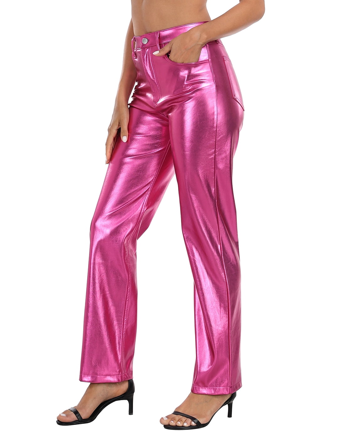 HDE Women's Metallic Faux Leather Pants High Waisted Trousers Hot Pink 6