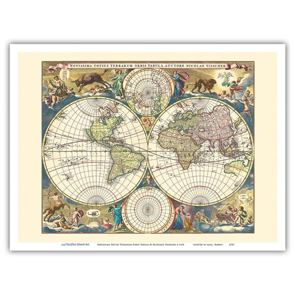 Novissima Totius Terrarum Orbis Tabula - Double Hemisphere - Vintage Colored Cartographic Map by Nicolaes Visscher c.1658 - Master Art Print (Unframed) 9in x 12in