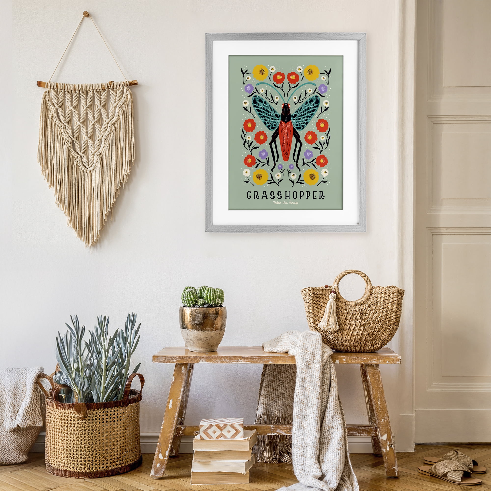 Stupell Industries Symmetrical Grasshopper with Blooms Gray Framed Print Under Glass, design by Indira Prieto | IndySign