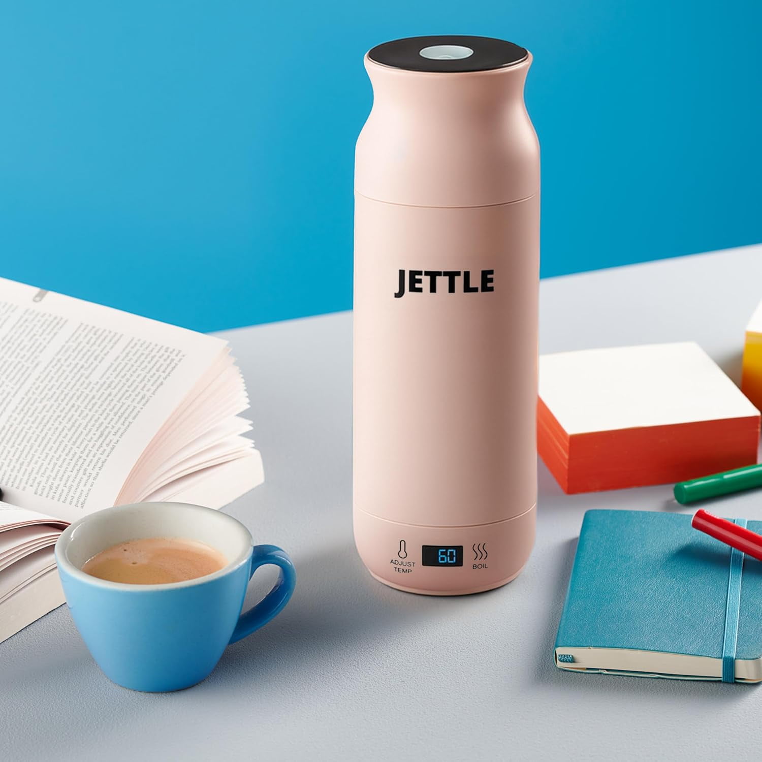Jettle Travel Electric Kettle - 450ml Bottle-Style Top-Fill No-Spout Water Boiler for Tea & Coffee - Temperature Control, LED Display, Auto Shut-Off - Stainless Steel, 110V