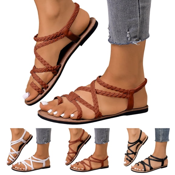 Pandaie Strappy Sandals for Women Comfortable Braided Slip on Flat Sandal Dressy Ankle Strap Casual Thong Flip Flops for Summer Beach Walking Black Size 6.5