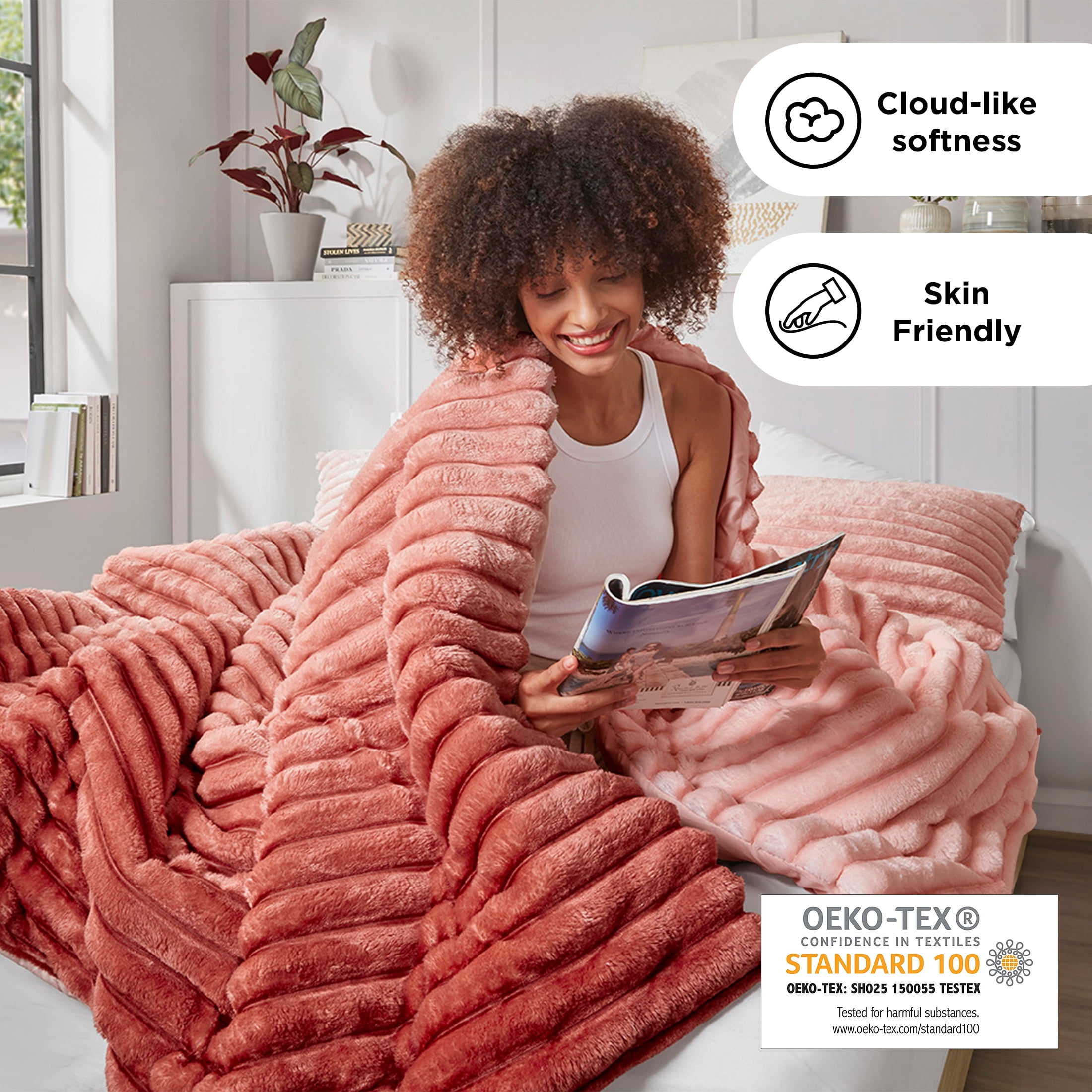 Regency Heights Twin/Twin XL Fluffy Ribbed Plush Comforter Set 2-Piece Bedding Set Blush Ombre
