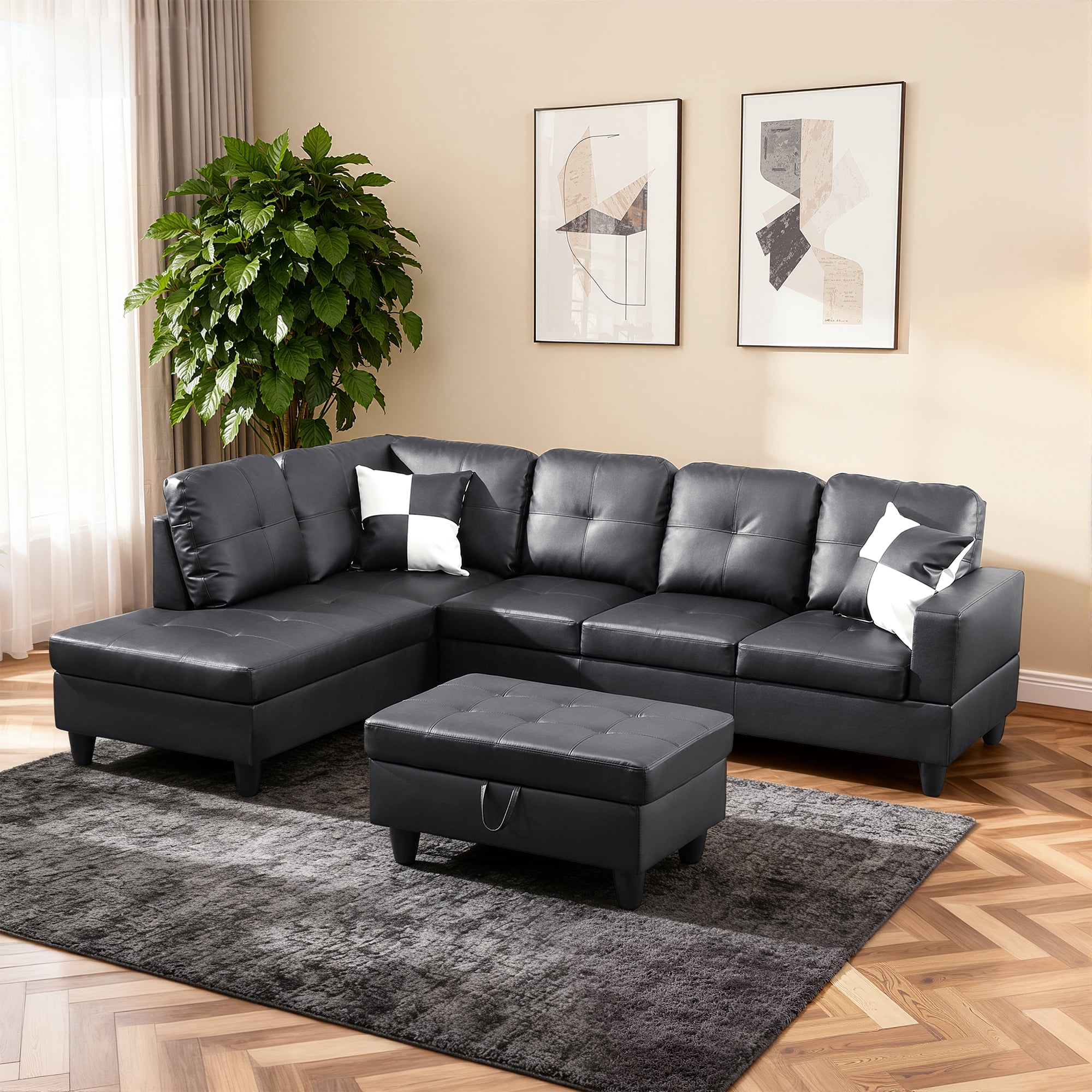 MAYEERTY 103.5" Modular Sofa, 3-Piece Sectional Couches for Living Room, Faux Leather Sofa Set with Ottoman, Black(Left)
