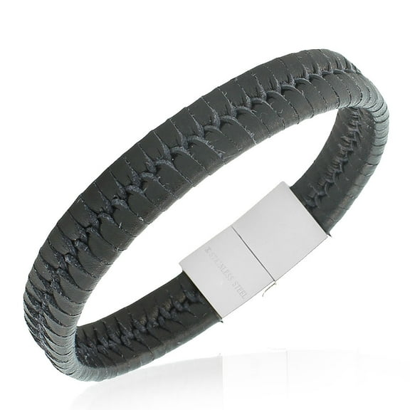 Stainless Steel Black Braided Leather Silver-Tone Mens Wristband Bracelet