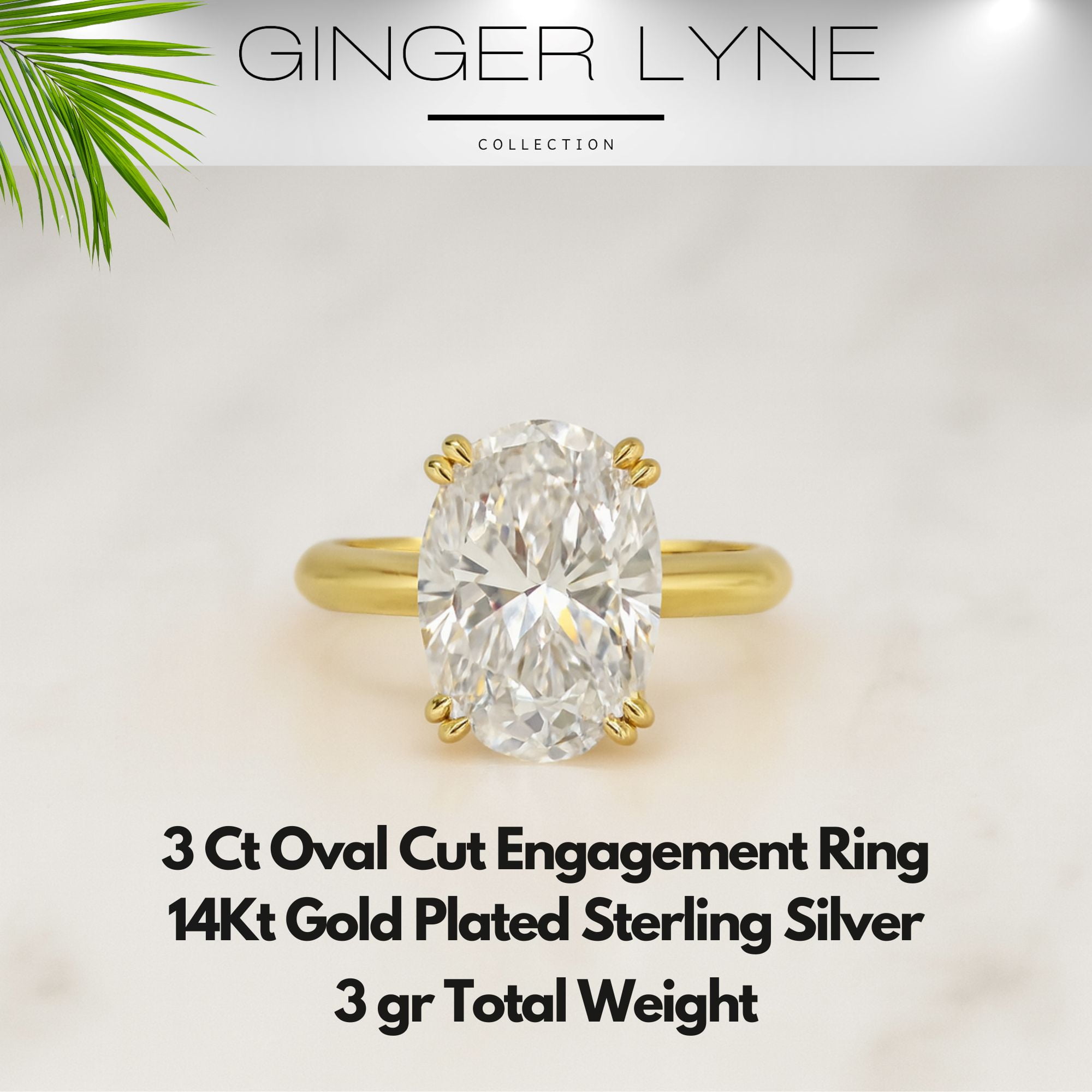 Solitaire 3Ct Oval Cut Engagement Ring for Women 14kt Gold Plated Sterling Silver 8A CZ Ginger Lyne Collection