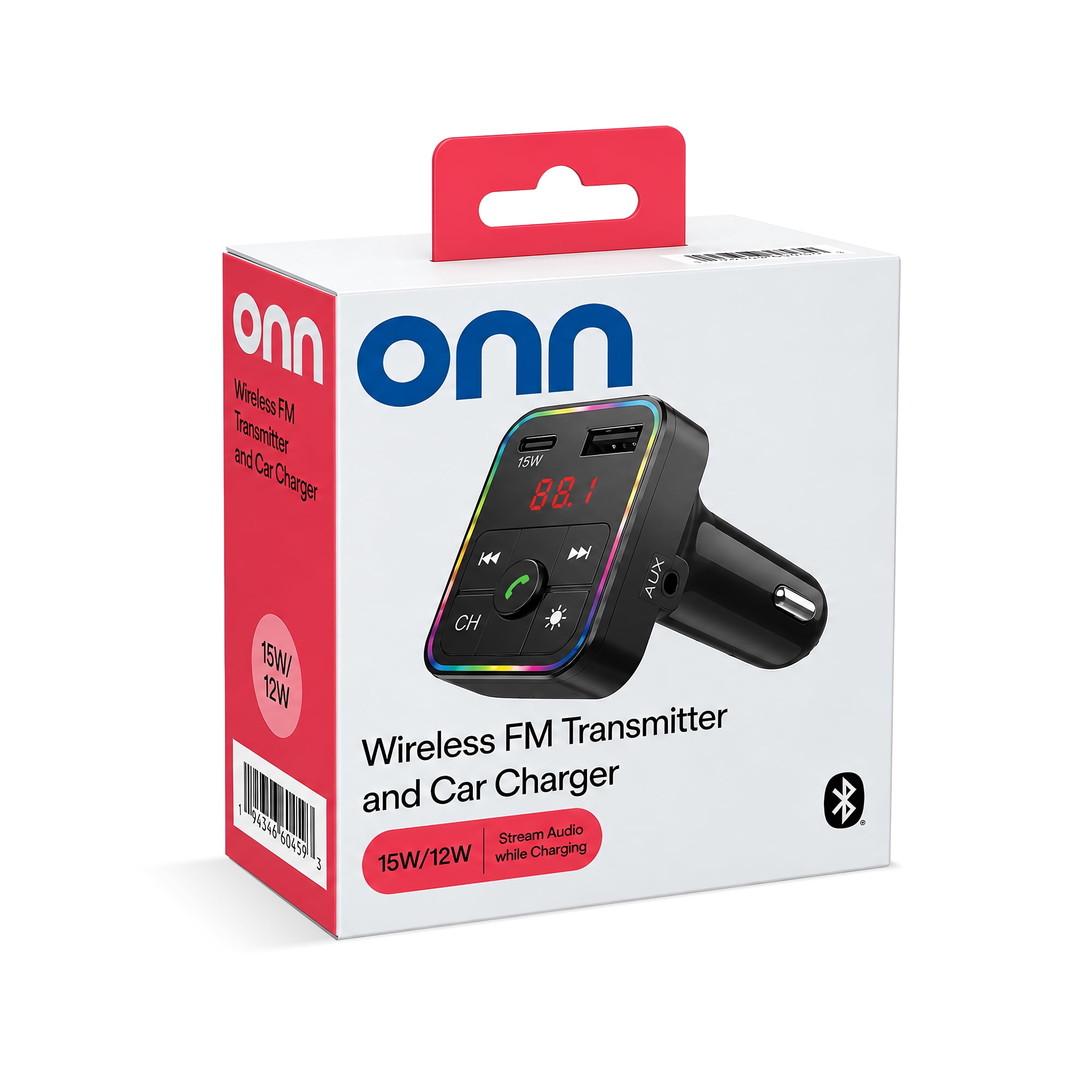 onn. Bluetooth FM Transmitter and Car Charger with USB-C 15W and USB-A 12W Charging, Hands-Free Calling, AUX Port, LED Display and Multicolor Light