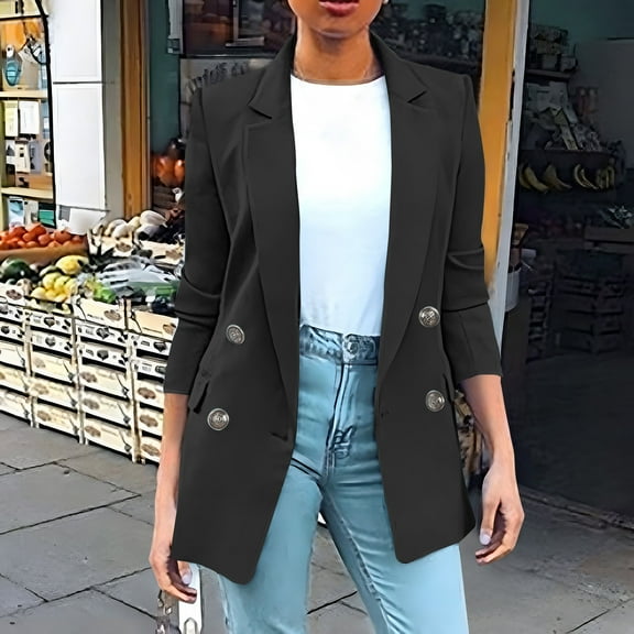 Axiiglly Blazers for Women Business Casual Outfits Open Front Long Sleeve Blazer Jackets Casual Solid Color Lapel Long Suit Jackets Loose Fit Button Work Office Suit Jacket