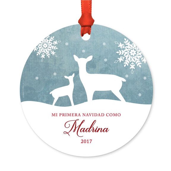 Spanish Family Metal Christmas Ornament, Mi Primera Navidad Como Madrina 2017, Includes Ribbon and Gift Bag