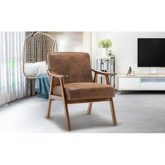 Mid-Century Modern Chair, Living Room Chair with Solid Wood Frame, Accent Chair Extra-Thick Backrest, Wingback Chair for Bedroom, Reading Room, Living Room, Lounge Chair Indoor  Brown