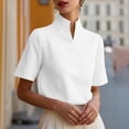 thumbnail image 4 of Women's Solid V-Neck Work Blouse Short Sleeve Stand Collar Business Casual Office Shirt, 4 of 7
