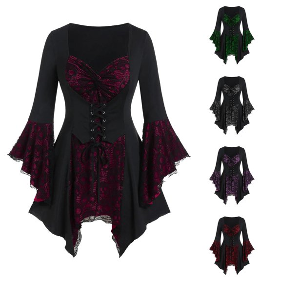 HNMKIU Halloween Clothes Gothic Elegant Women's Dress Lace Ruffled Neckline Flared Sleeves Historical Themed Outfit RD2,XL