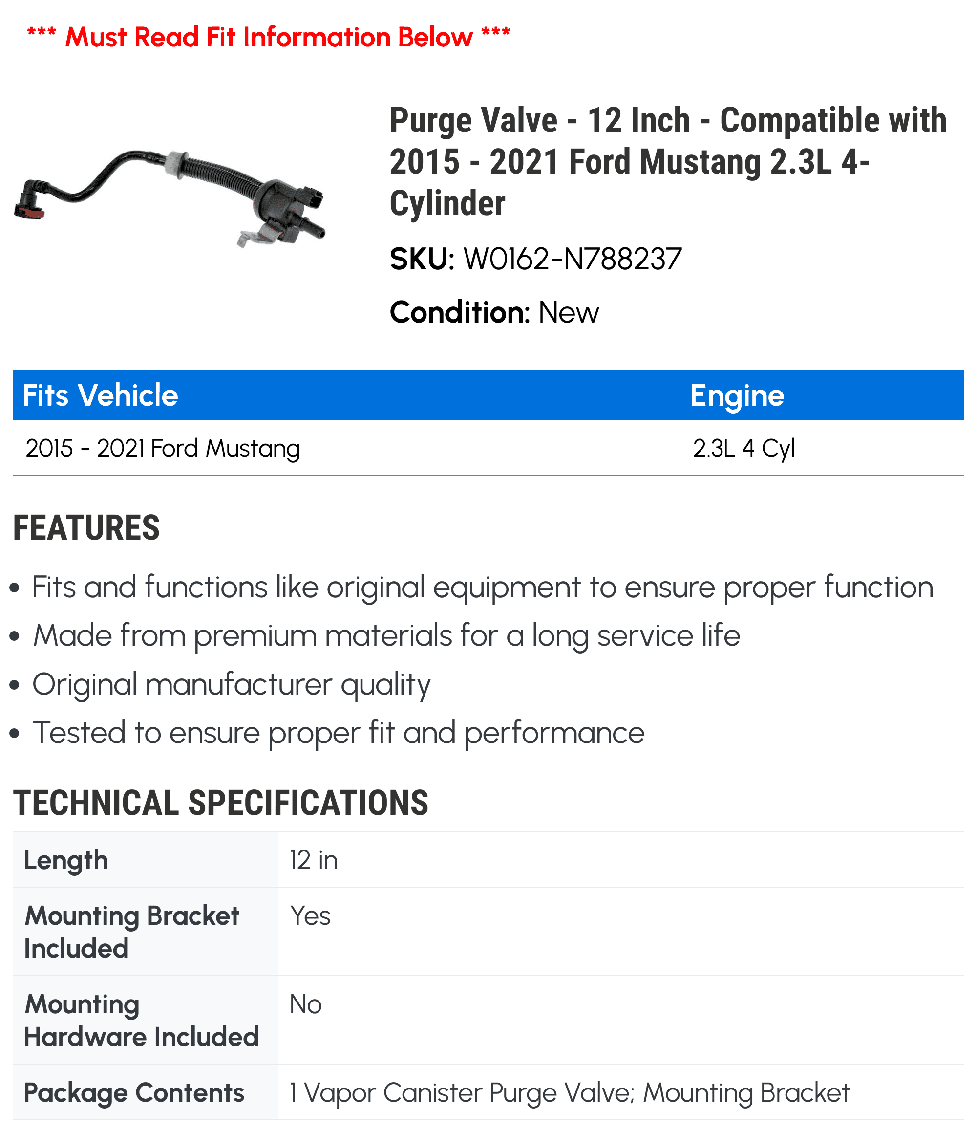 Purge Valve - 12 Inch - Compatible with 2015 - 2021 Ford Mustang 2.3L 4-Cylinder 2016 2017 2018 2019 2020