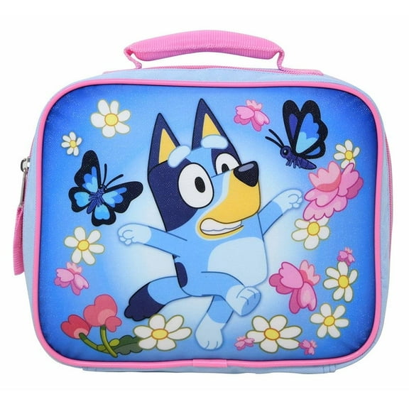 Bluey with Flowers and Butterfly Kids School Lunch Bag, Blue and Pink