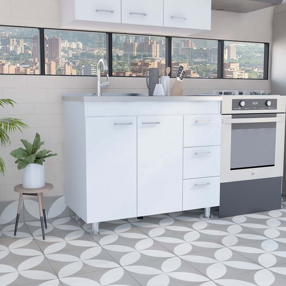 FM FURNITURE Darien Base Cabinet, Double Door Cabinet, Three Drawers, Four Legs