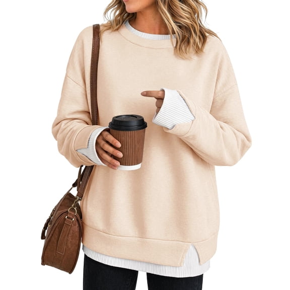 Lumtrix Women Side Slits Faux Layered Sweatshirts Long Sleeve Fall Tops Crew Neck Drop Shoulder Soft Pullovers Beige S