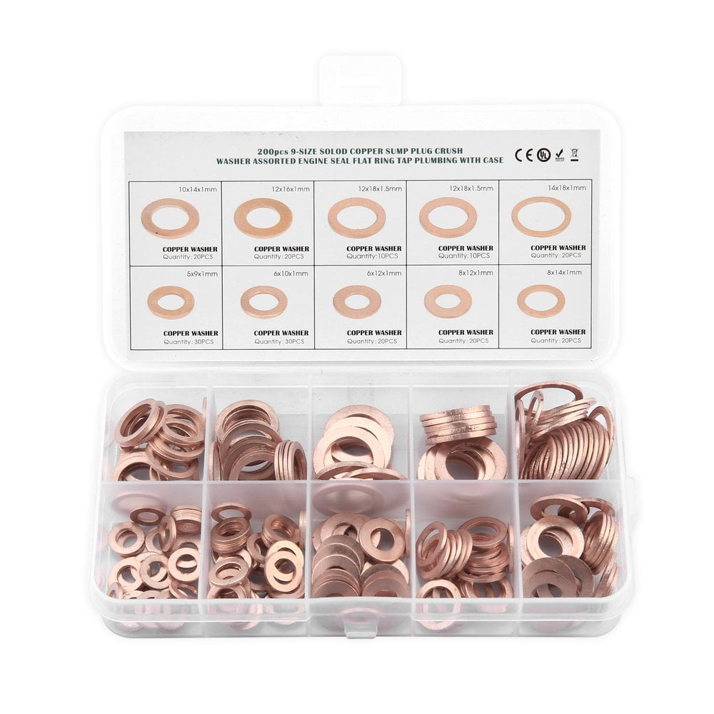 200Pcs Kit 9 Sizes Assorted Solid Copper Crush Washers Seal Flat Ring w/ Case 