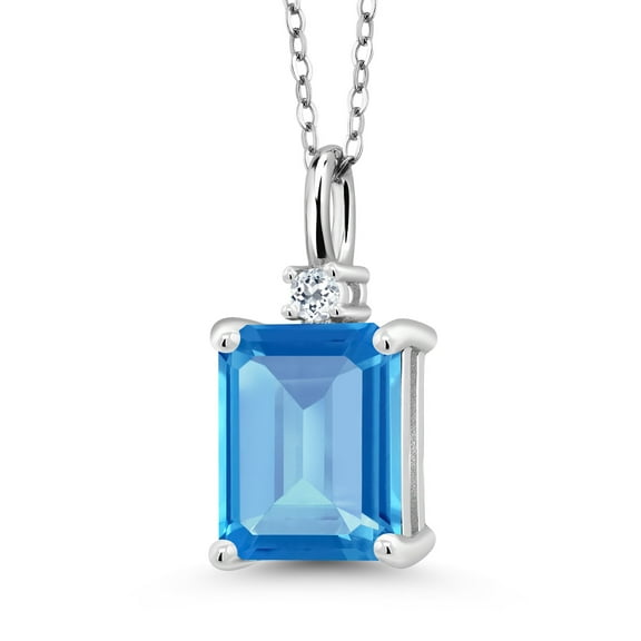 Gem Stone King 925 Silver Swiss Blue Topaz and White Topaz Pendant Necklace for Women (4.04 Cttw, Gemstone November Birthstone, Emerald Cut 10X8MM with 18 inch Silver Chain)