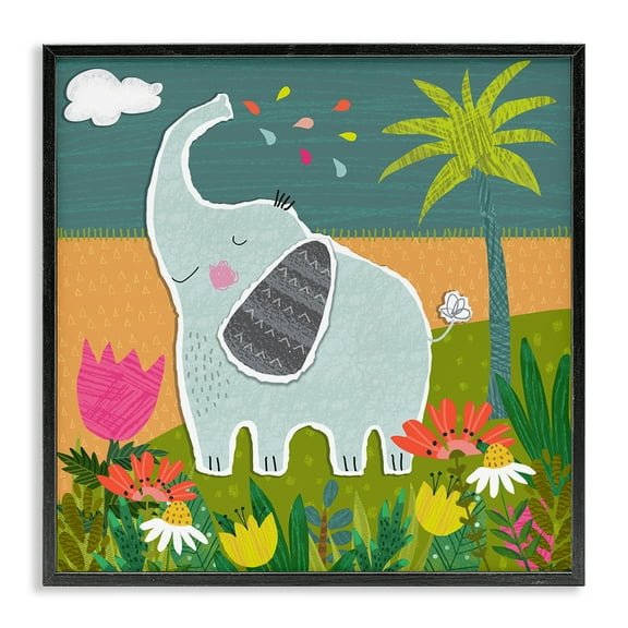 Stupell Industries Tropical Elephant Scene Animals Painting Black Framed Art Print Wall Art, 12 x 12
