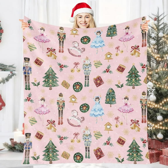 Christmas Nutcracker Blanket - Pink Nutcracker Blanket Gifts for Women Women Fairy Soldier Mouse Gift Cartoon Xmas Flannel Blanket for Winter Home Sofa Couch Bed Decor 60 x 50 Inches