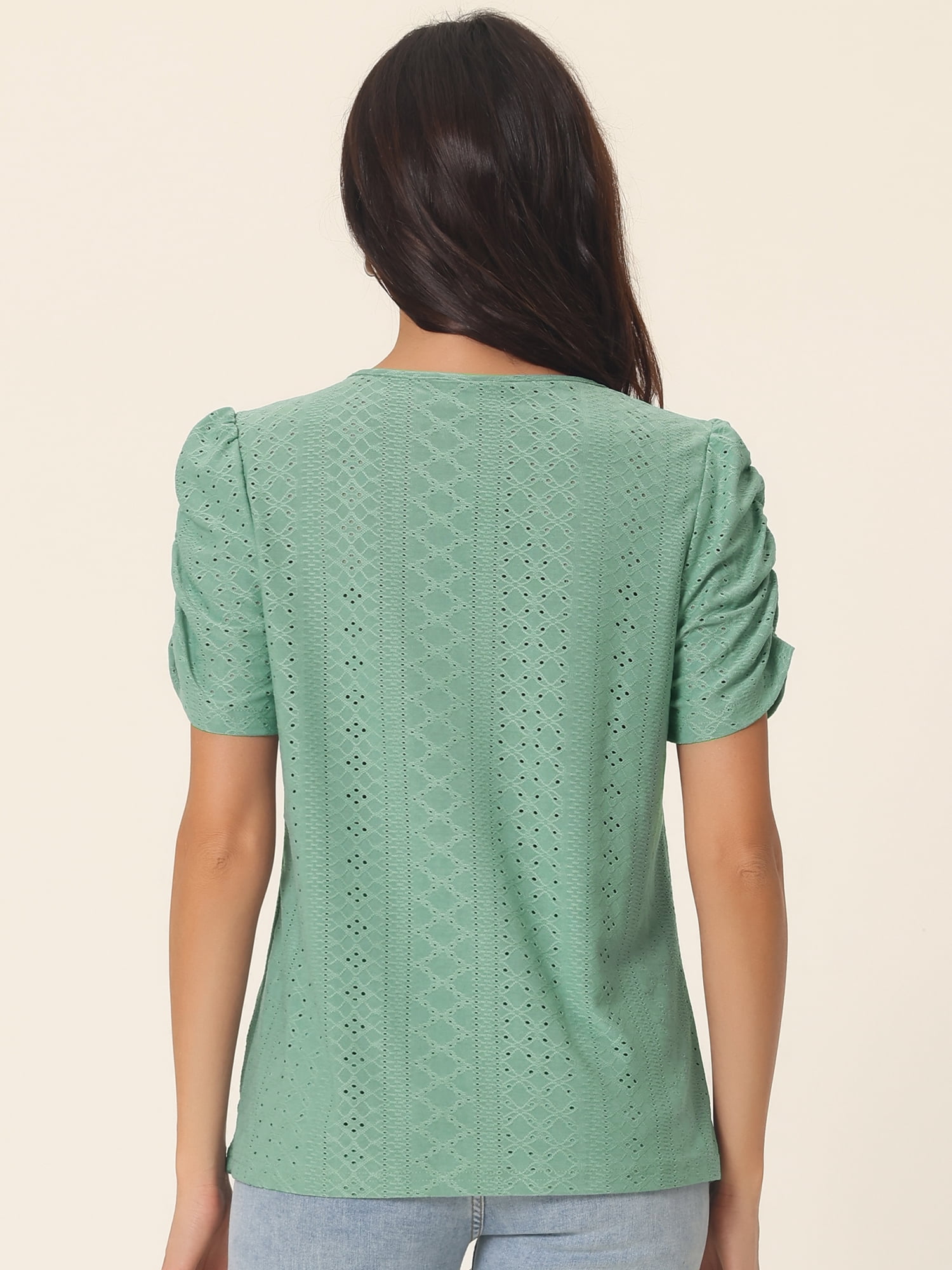 Unique Bargains Women's Ruched Short Sleeve Eyelet Dressy Crewneck Blouses T Shirts M Green