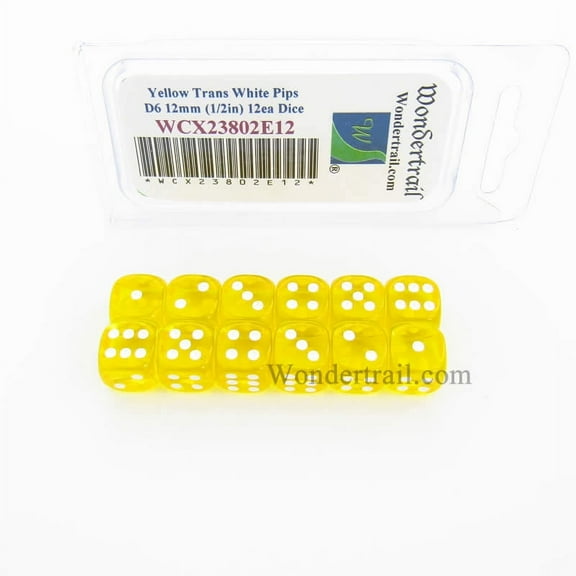 Yellow Translucent Dice with White Pips D6 12mm (1/2in) Pack of 12 Wondertrail