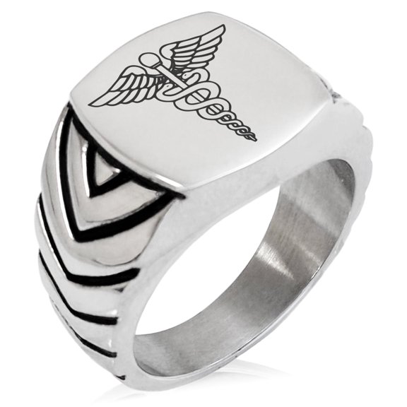 Stainless Steel Caduceus Staff of Hermes Chevron Pattern Biker Style Polished Ring