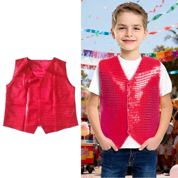 Tween Boys Girls Sequin Sparkly Vest Sleeveless Button Down Jacket Waistcoat for Cheer Jazz Performance Party 11-12 Years
