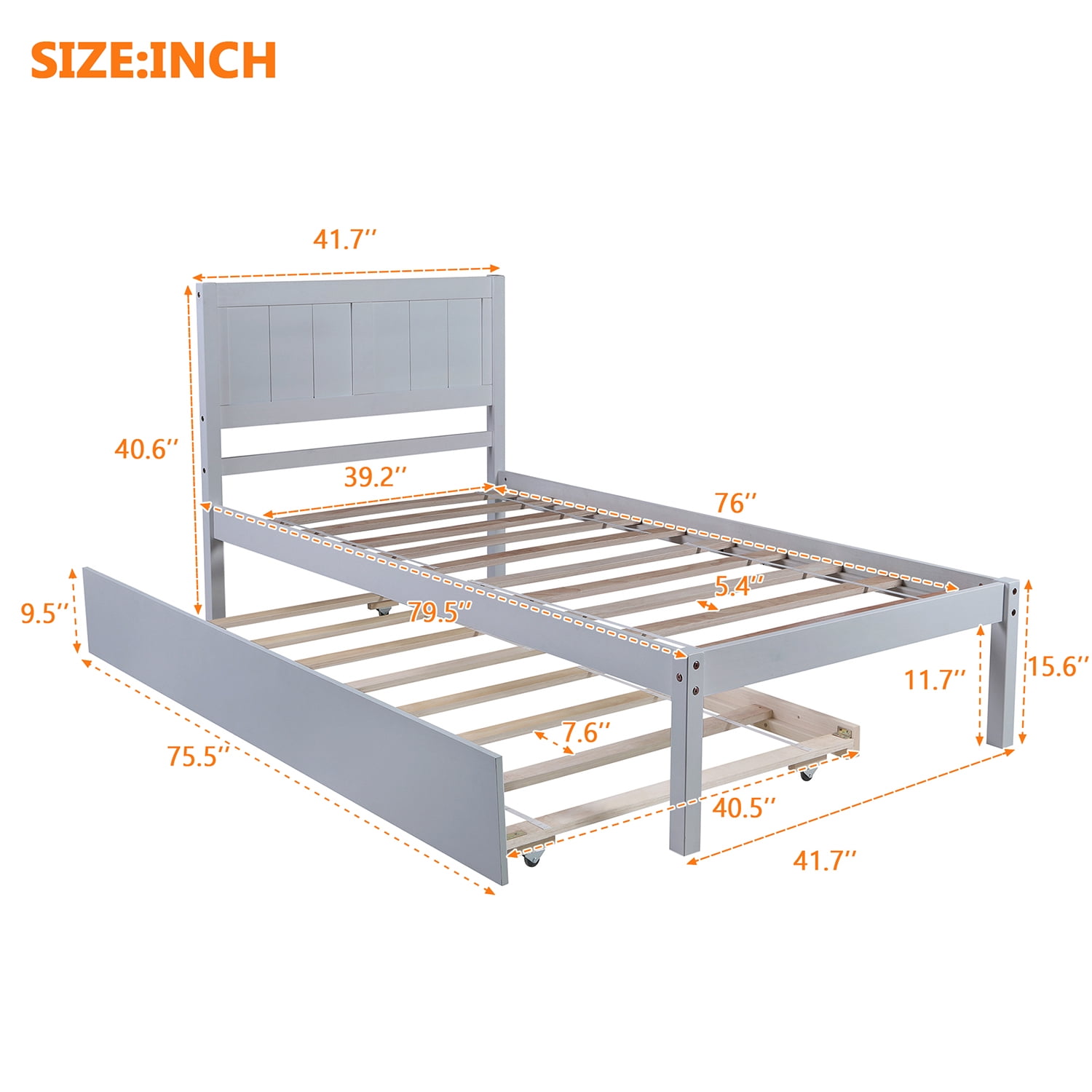 Kepooman Twin Size Solid Wood Platform Bed with Trundle & Headboard for Bedroom, 79.5"L x 41.7"W x 40.6"H, Gray Kepooman Twin Size Solid Wood Platform Bed with Trundle & Headboard for Bedroom, 79.5"L x 41.7"W x 40.6"H, Gray
