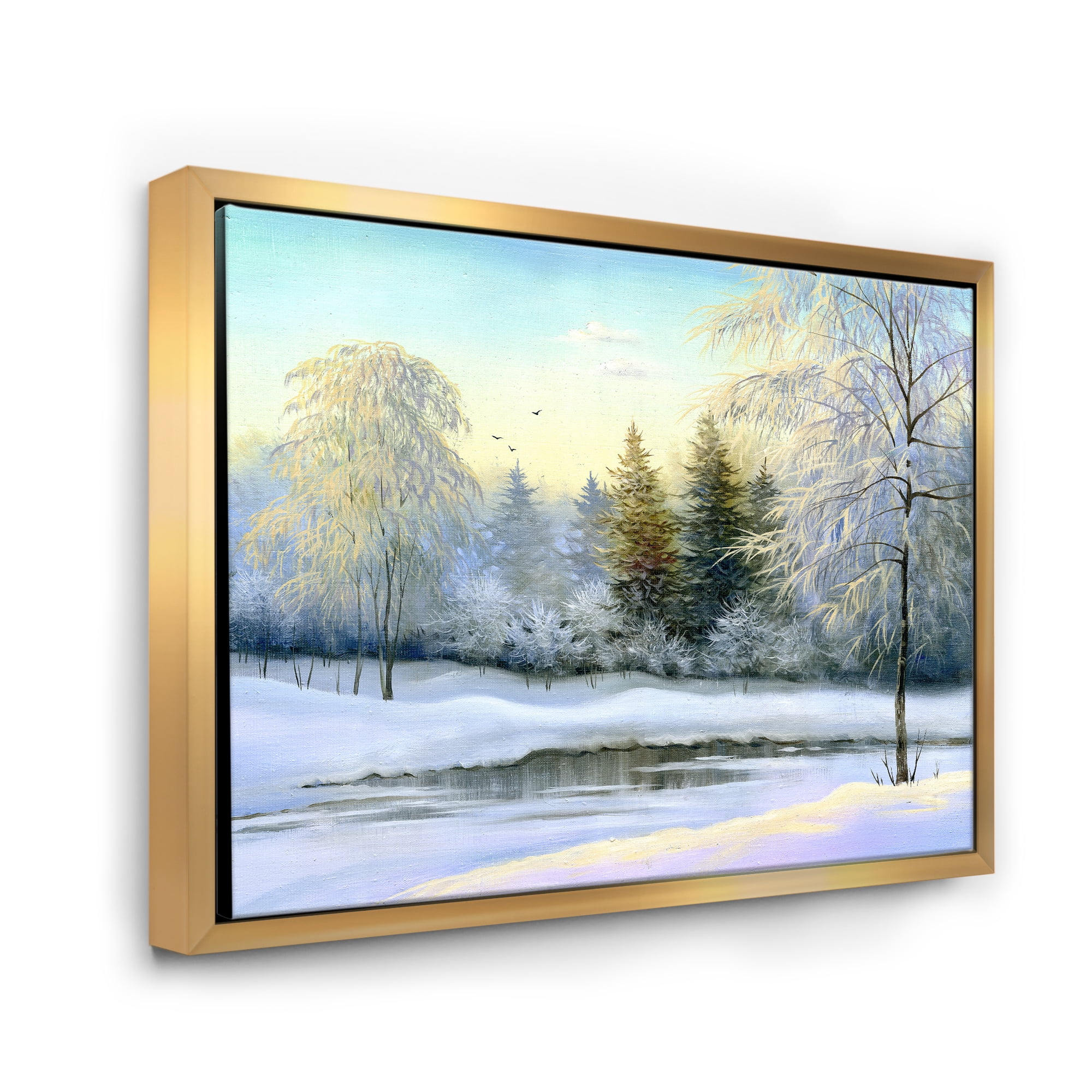 Designart 'Green Trees In Beautiful Winter Snow Landscape' Traditional Framed Canvas Wall Art Print