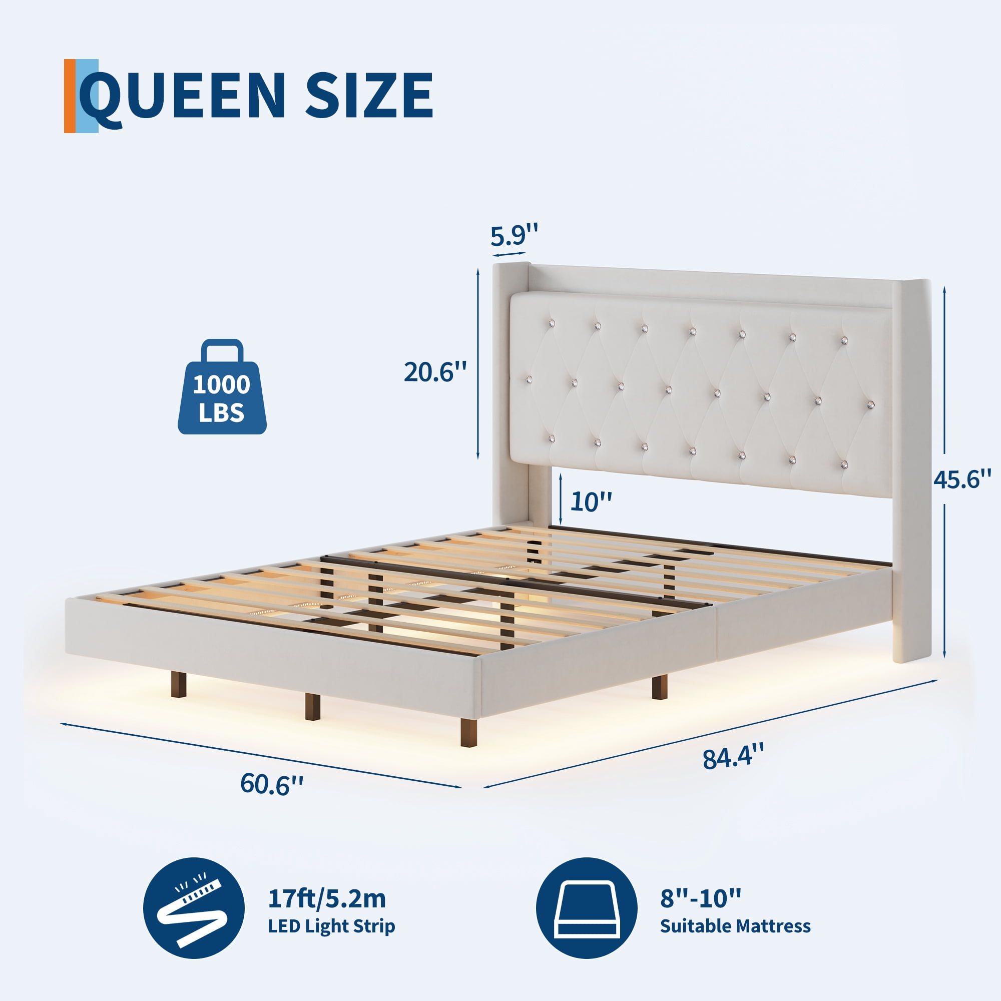 Queen LED Storage Bed Frame - Upholstered Headboard, No Box Spring, Quiet Design