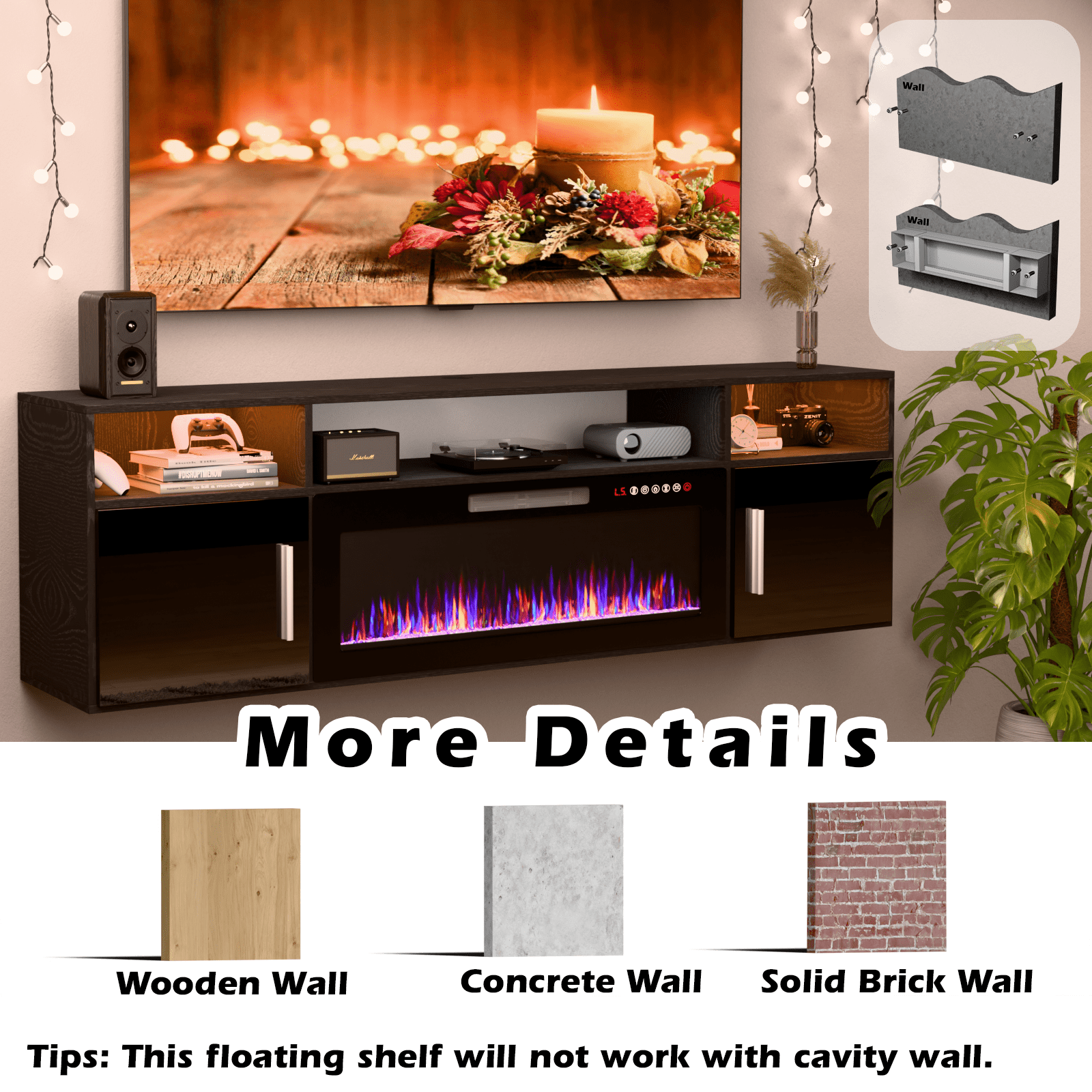 Waleaf 70'' Floating TV Stand with 36'' Electric Fireplace, Entertainment Center with Adjustable Shelves, Floating TV Console for Living Room,Black