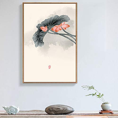 IDEA4WALL Framed Canvas Wall Art Red & Pink Lotus Flowers Vintage Art Spring Floral Wall Decor Rustic Nature Wilderness Pastel Botanical Print for Living Room, Bedroom, Office - Natural 24"x36"