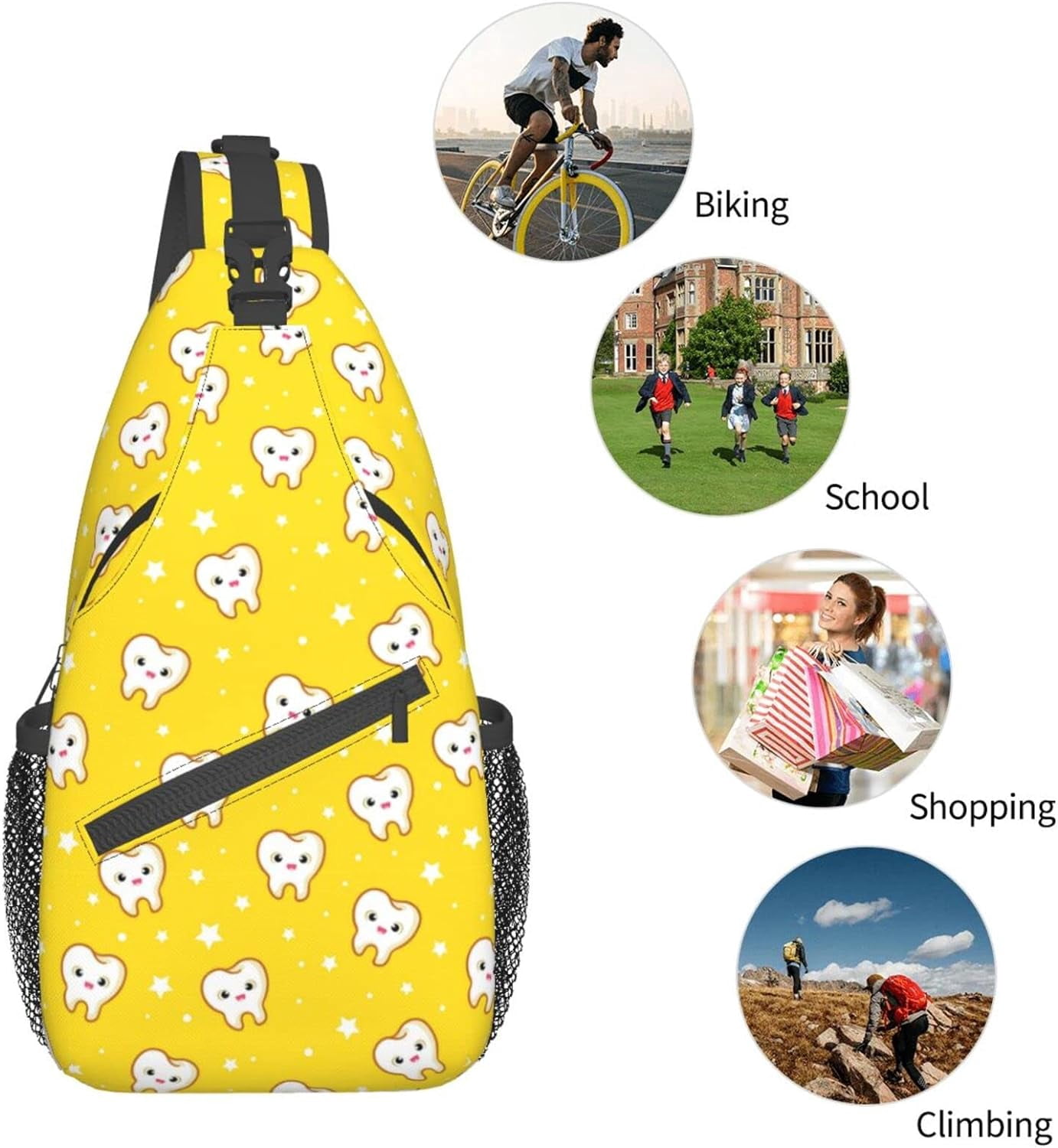 Teeth Pattern Sling Bag Crossbody Hiking Travel Chest Bags Backpack Shoulder Daypack for Women Men