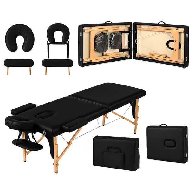 Cama de Masaje Acolchada Plegable Tipo Portafolio de Altura Ajustable con Estructura de Madera - Camilla Portatil para Masaje Fisioterapia Tatuajes Grande Negro