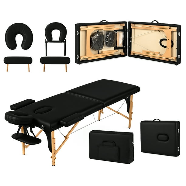 Cama de Masaje Acolchada Plegable Tipo Portafolio de Altura Ajustable con Estructura de Madera - Camilla Portatil para Masaje Fisioterapia Tatuajes Mediana Negro