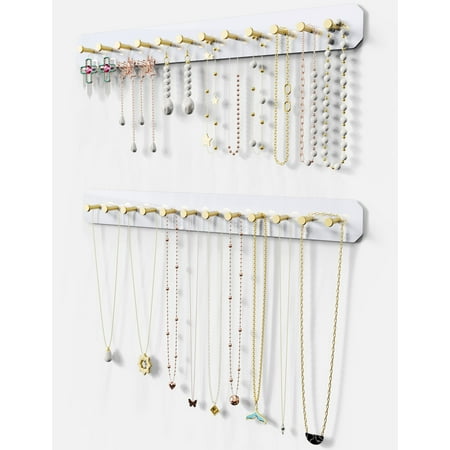 NiHome Wall Mounted Acrylic Jewelry Organizer 2-Pack, Durable Sleek Rack Strong Carbon Steel Hooks for Dressing Table, Bathroom, Kitchen, Hassle-Free Installation Multiple Mounting Options (White)