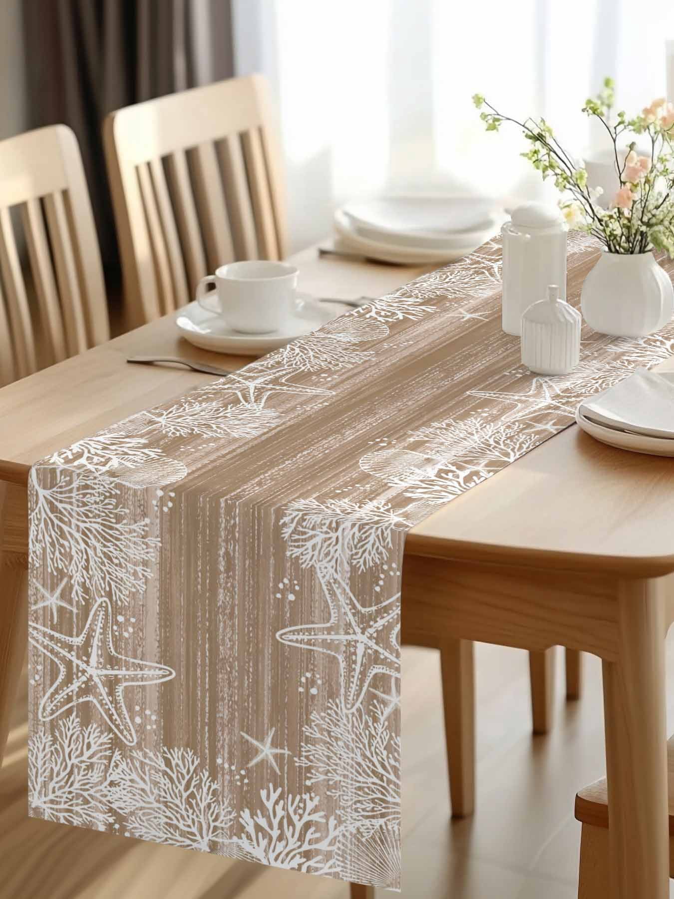 Sea Stars Table Runner, Summer Beach Sea Star Coral Brown Texture Washable Cotton-linen Table Runners Dining Kitchen Decoration for Everyday Home Wedding Party Decor, 13 x 120 Inch
