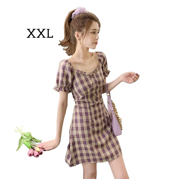 Vestido de mujer Retro Plaid Manga corta Ropa de verano Vestido delgado sexy, Morado, 2XL tholdsy AP002467-05